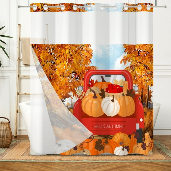 MIZHONA Fall No Hook Shower Curtain with Snap in Liner,Yellow Pumpkin Fabric Bathroom Curtain,71"×74"