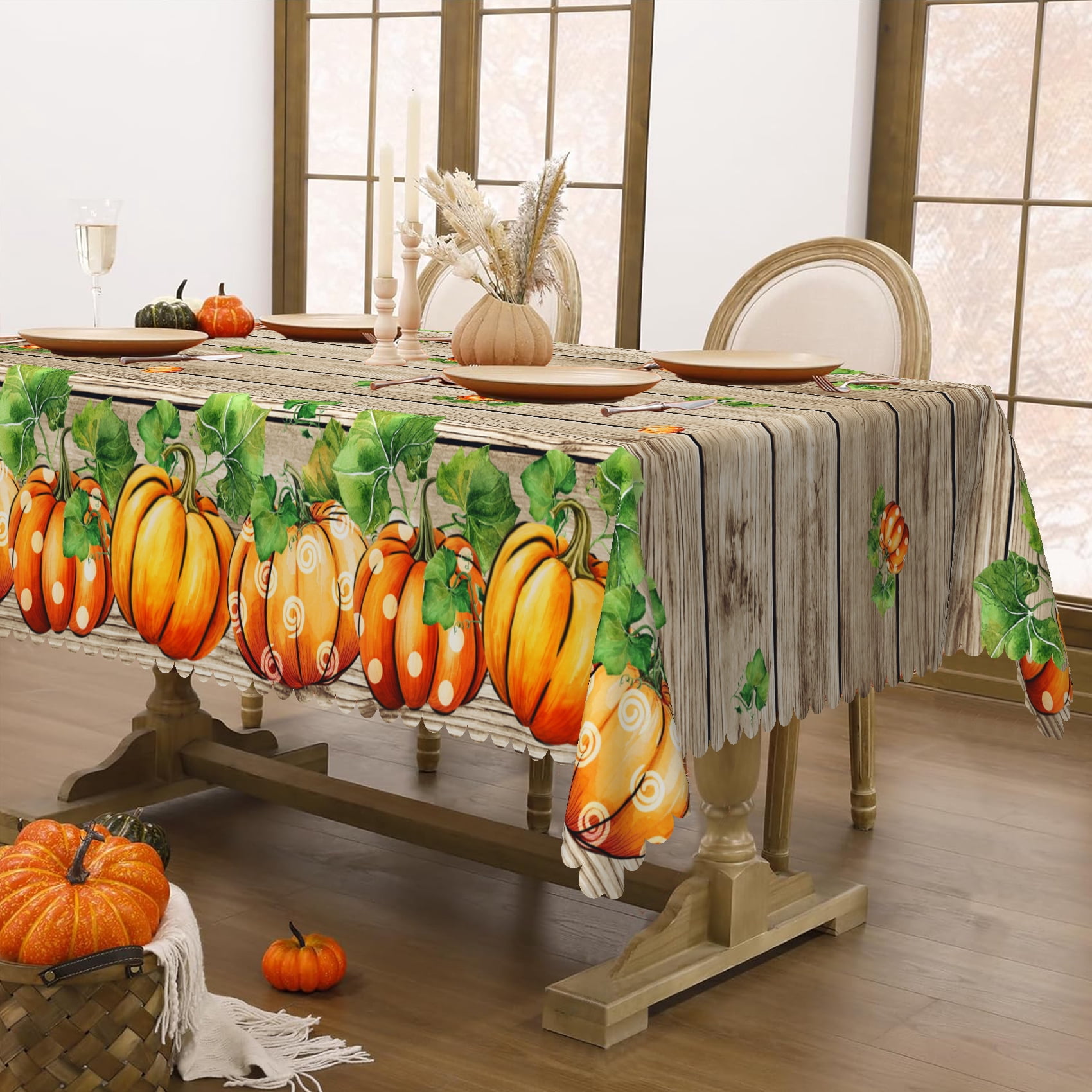 MIZHONA Fall Pumpkins Tablecloth Rectangle,Wooden Grain Table Cloth for ...