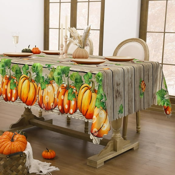 MIZHONA Fall Thanksgiving Tablecloth Rectangle,Autumn Wooden Grain Pumpkins Table Cover for Kitchen Decor,60"x84"