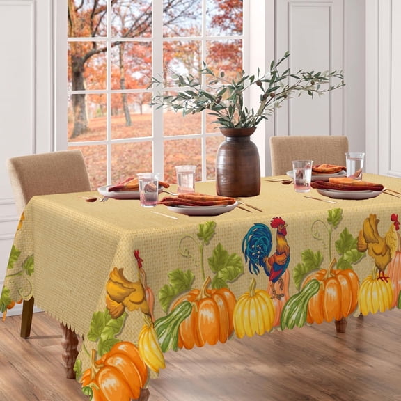 MIZHONA Fall Thanksgiving Tablecloth Pumpkins Rooster Table Cloth for Kitchen Dinner Decor,60"x84"