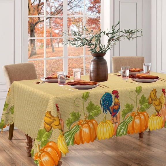 MIZHONA Fall Thanksgiving Tablecloth Pumpkins Rooster Table Cloth for Kitchen Dinner Decor,60"x84"