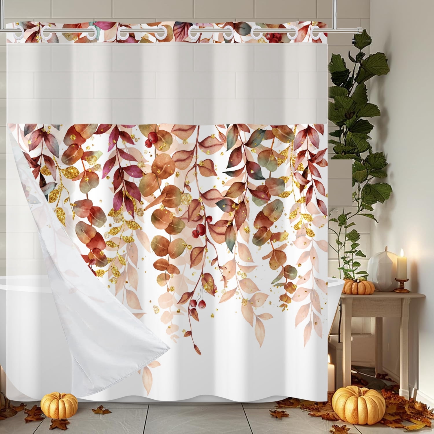 MIZHONA Fall Thanksgiving Shower Curtain with Snap in Liner,Autumn Leaves Fabric Bathroom Curtain,71"× 86"