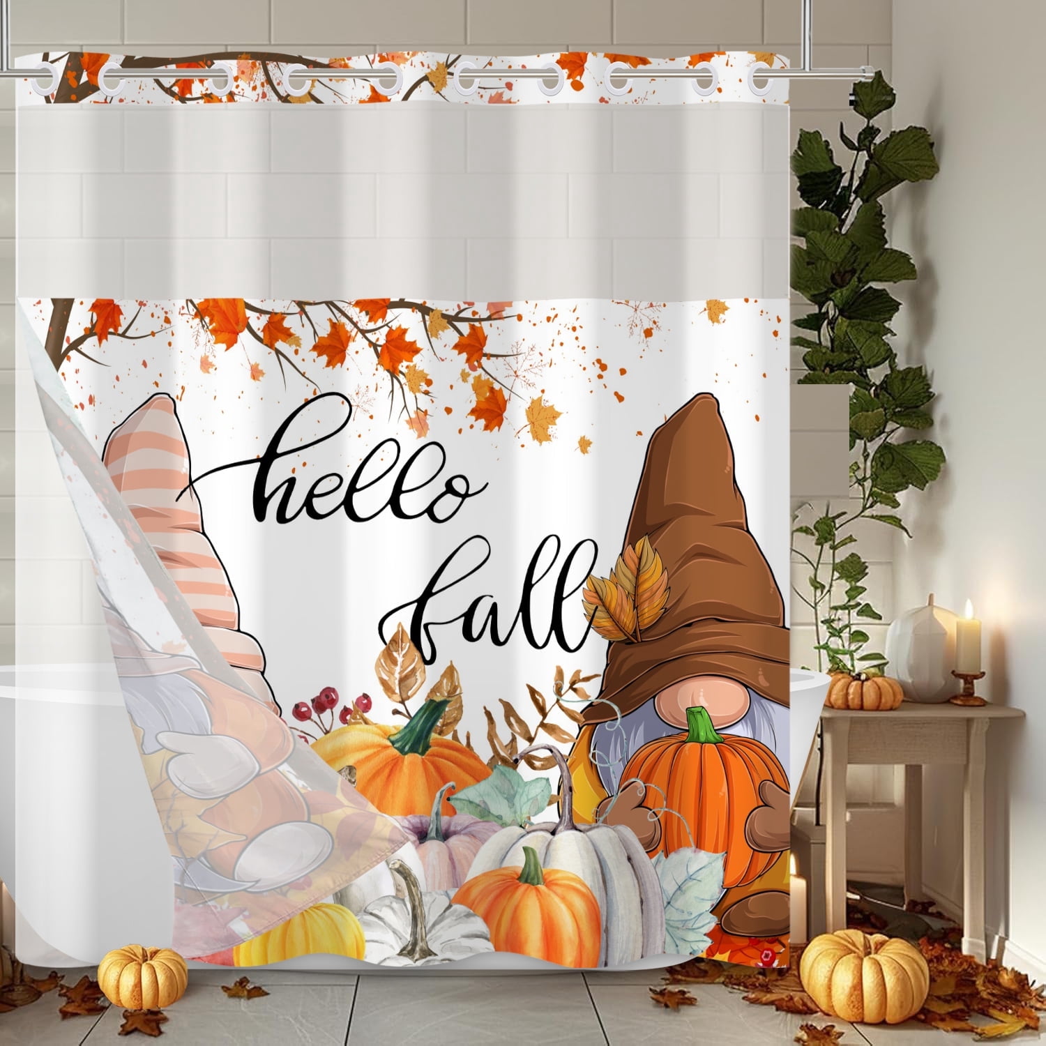 MIZHONA Fall Thanksgiving Shower Curtain with Snap in Liner,Gnomes and Pumpkin No Hook Fabric Bathroom Curtain,71"× 83"