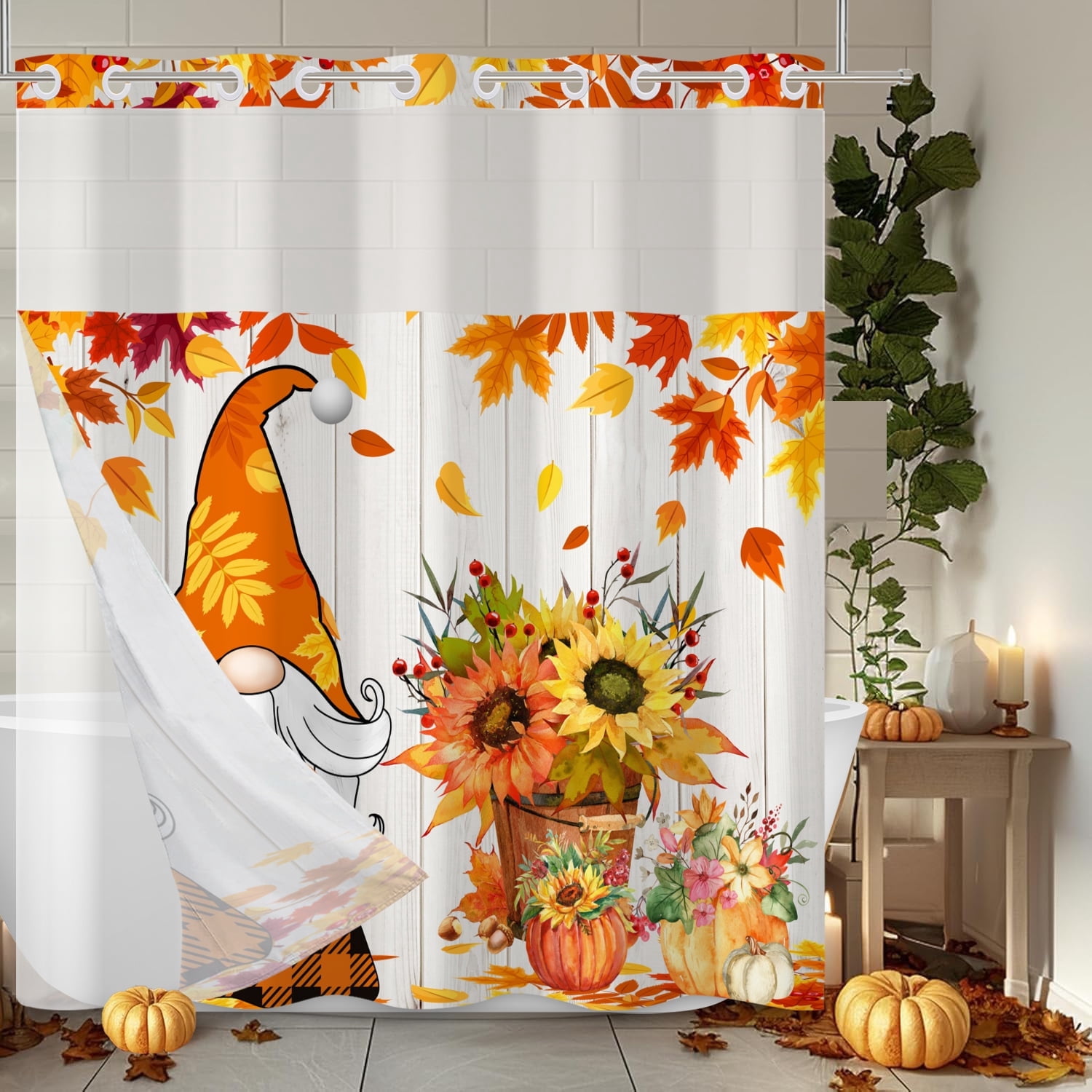 MIZHONA Fall Thanksgiving Shower Curtain with Snap in Liner,Gnomes with Maple Leaves Fabric Bathroom Curtain No Hook,71"×74"