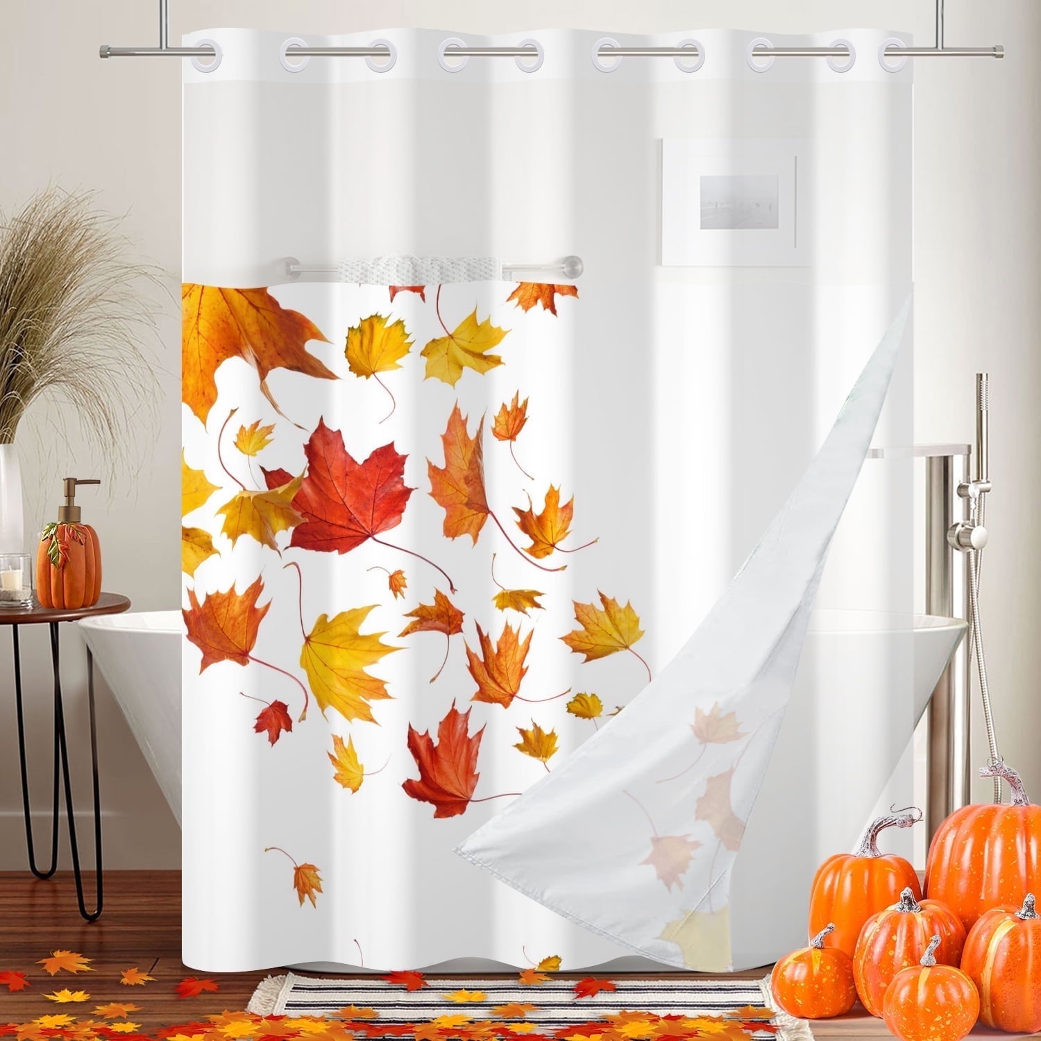 MIZHONA Fall Thanksgiving Shower Curtain with Snap in Liner,Maple Leaves No Hook Fabric Bathroom Curtain,71"× 86"