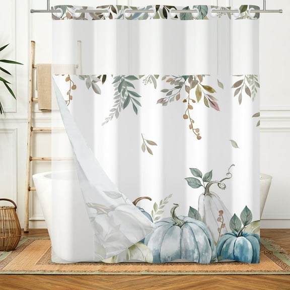 MIZHONA Fall Shower Curtain with Snap in Liner,Thanksgiving Pumpkin No Hook Fabric Bathroom Curtain,71"×74"