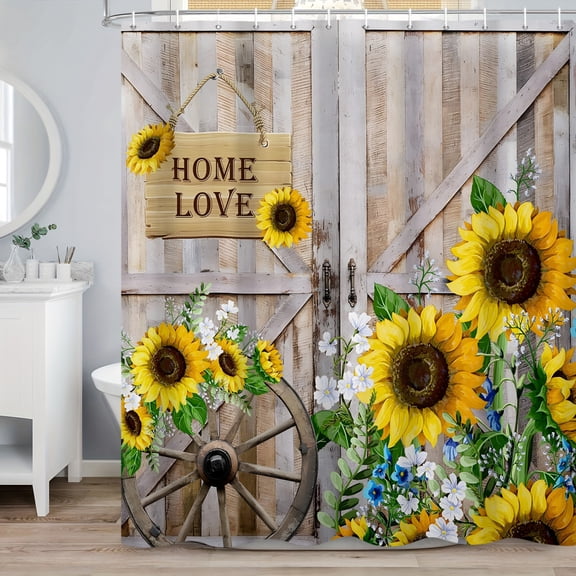 MIZHONA Rustic Sunflower Shower Curtain, Farmhouse Wooden Barn Bathroom Curtain with Hooks,72Wx72L
