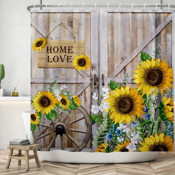 MIZHONA Farmhouse Farm Shower Curtain,Barn Yellow Sunflower Bathroom Shower Curtain with Hooks,72Wx78L