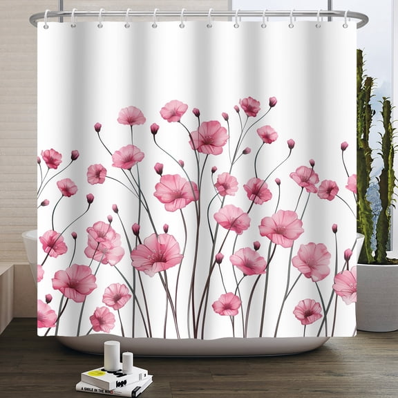 MIZHONA Farmhouse Pink Flower Shower Curtain,Boho Vintage Fabric Waterproof Shower Curtain 72x72