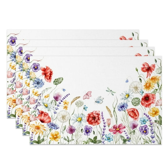 MIZHONA Spring Floral Placemats Set of 4,Flowers with Butterfly Table Mats 12"W x 18"L