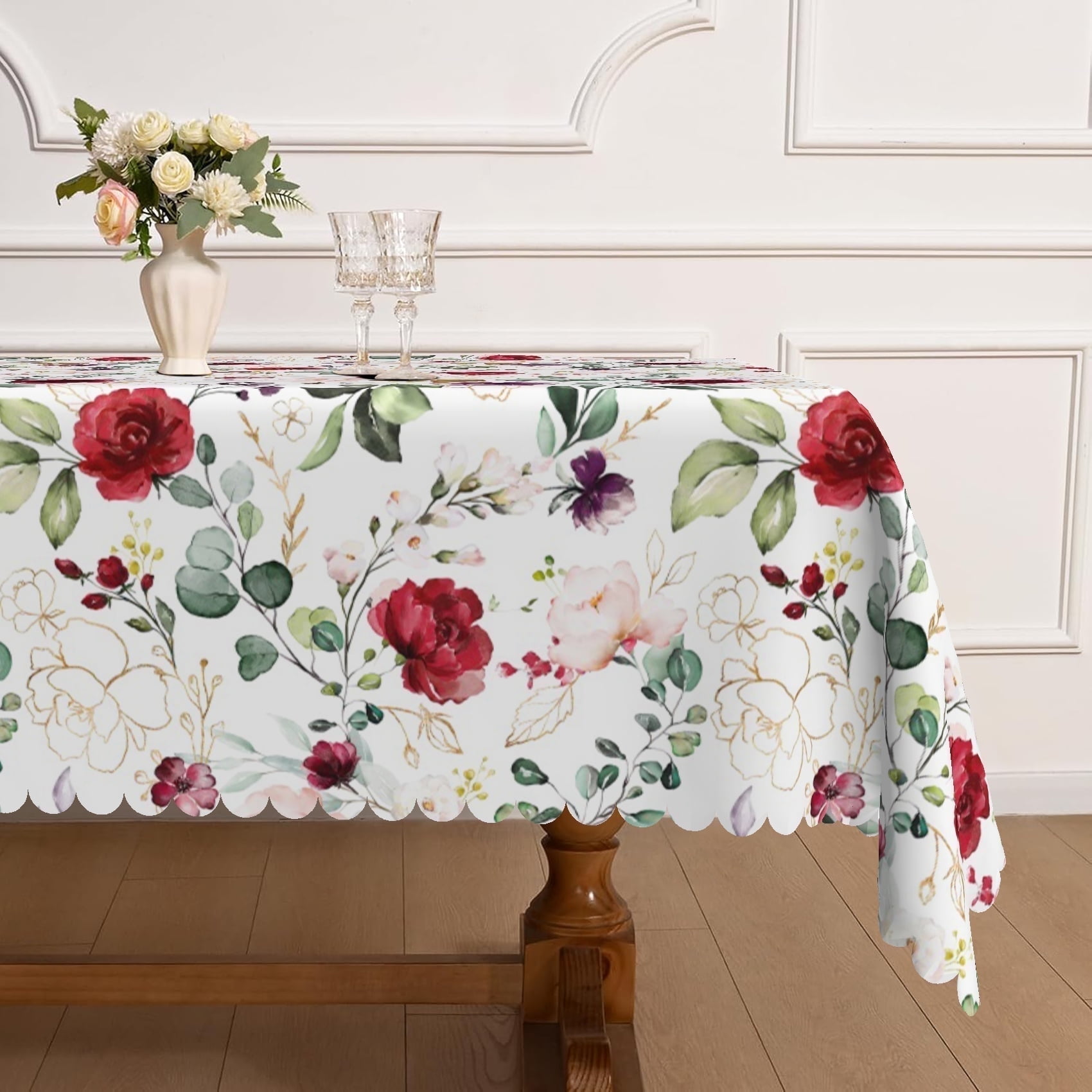 MIZHONA Floral Tablecloth Rectangle Spring Flowers and Eucalyptus ...