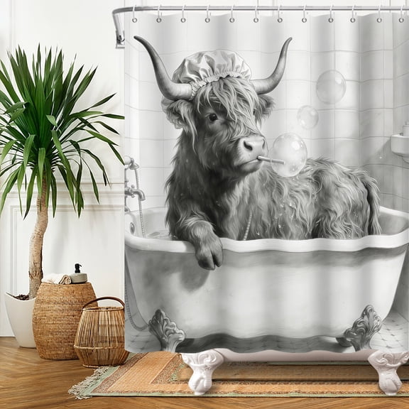 MIZHONA Funny Highland Cow Shower Curtain Rustic Farm Animals Bathroom Curtain Decor 60x72 in