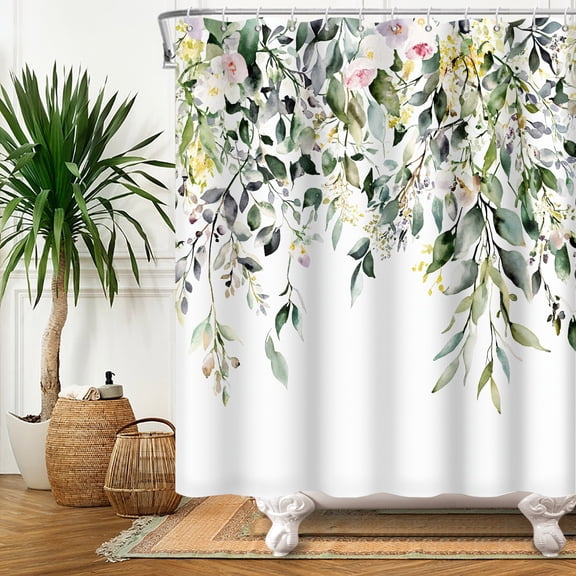 MIZHONA Green Floral with Leaves Shower Curtain Spring Plants Fabric Bathroom Curtain 60x72 in