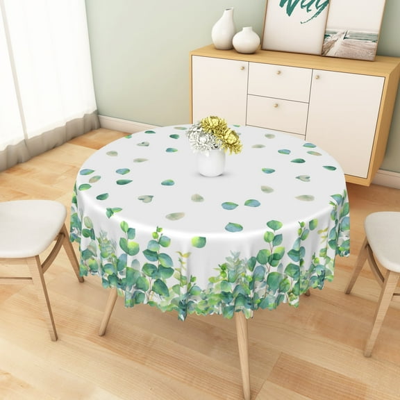 MIZHONA Green Eucalyptus Leaves Tablecloth Round,Spring Plant Table Cover for Kitchen Decor，60"