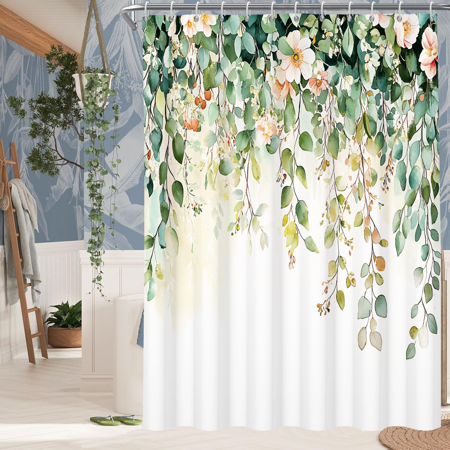 MIZHONA Green Leaves Shower Curtain,NaturePink Flower Bathroom Shower Curtain with Hooks,72Wx78L