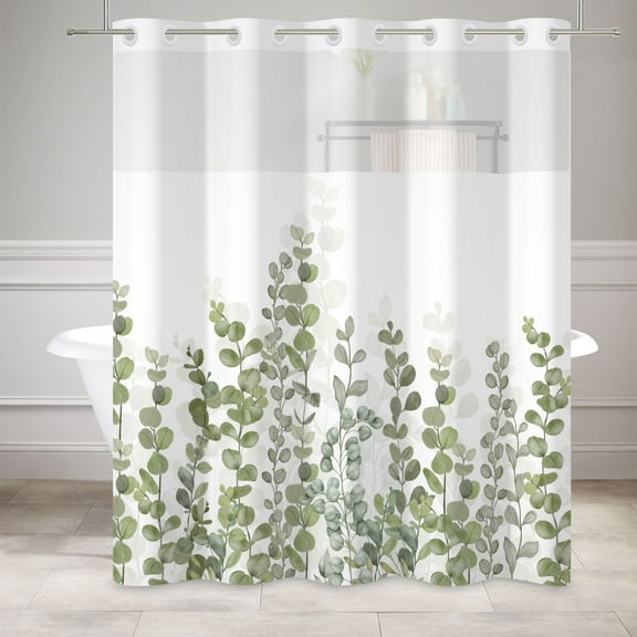 MIZHONA Green Plants Leaves Shower Curtain with Snap in Liner，No Hooks Bath Curtain,71"× 74"