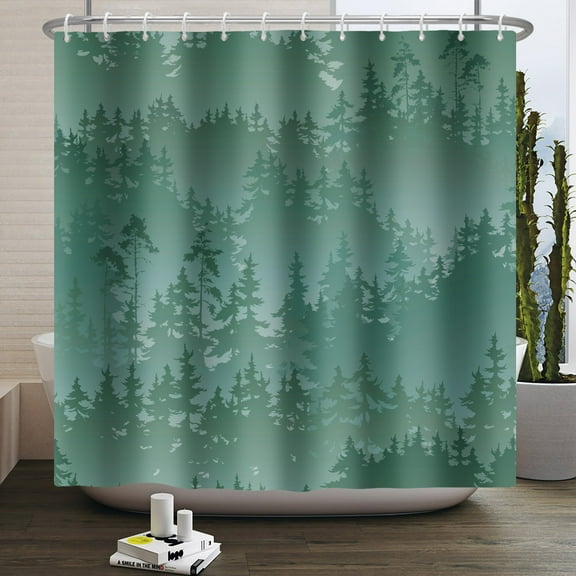 MIZHONA Green Shower Curtain,Nature Forest Landscape Fabric Waterproof Shower Curtain 72x72