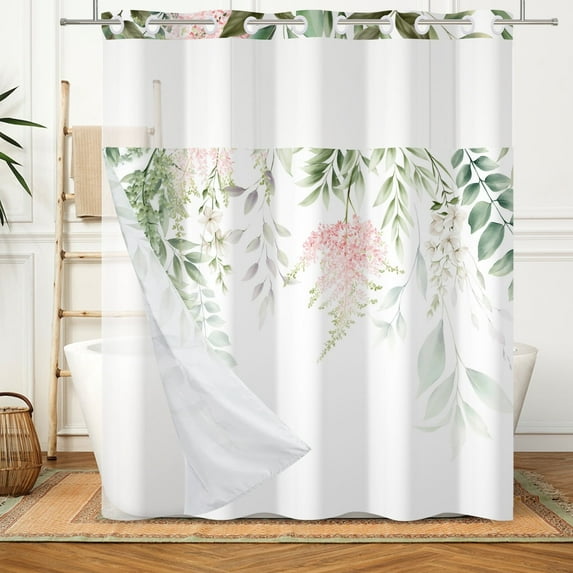 MIZHONA Green Shower Curtain with Snap in Liner,Pink and Green Leaves No Hook Fabric Bathroom Curtain,71"× 74"