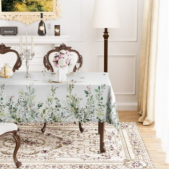 MIZHONA Spring Green Floral Tablecloth Rectangle Plants Leaves Table Cover for Kitchen Dinning Room Decor,60"W x 84"L