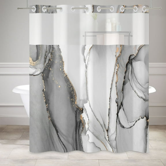 MIZHONA Grey and Gold Marble Shower Curtain with Snap in Liner,No Hooks Shower Curtain,71"× 74"