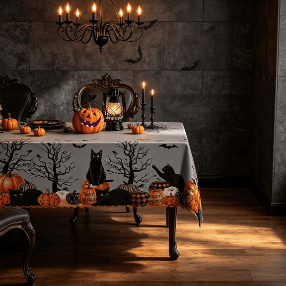 MIZHONA Halloween Pumpkins Tablecloth Black Cat and Bats Table Cloth for Kitchen Table Cover Decor,60"x84"