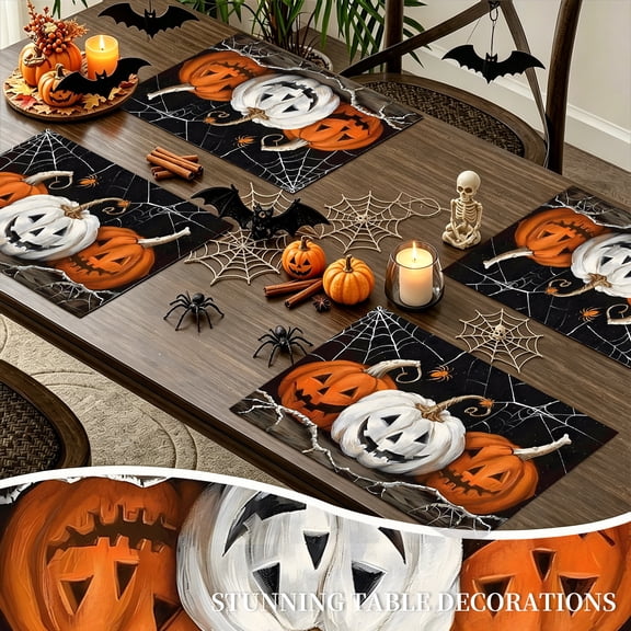 MIZHONA Halloween Placemats Set of 4,Fall Pumpkins Linen Table Mats for Table Decorations 12x18 in