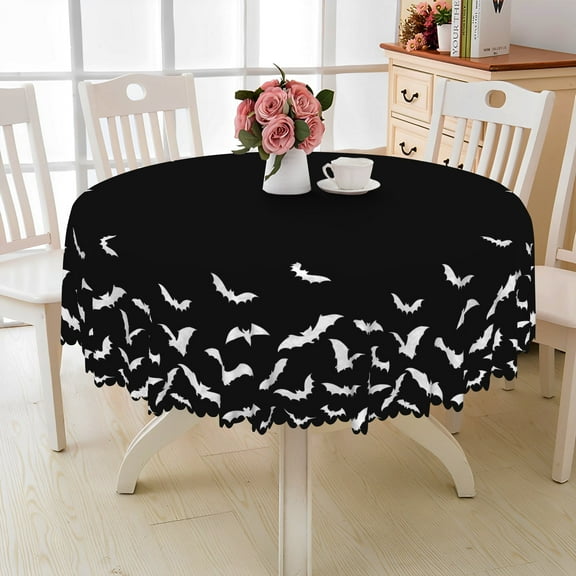 MIZHONA Halloween Round Tablecloth,Bat in Black Table Cloth for Kitchen Dinning Party Outdoor Decor，60"