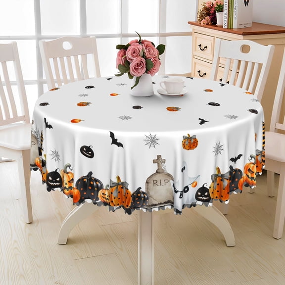 MIZHONA Halloween Round Tablecloth,Grave and Pumpkin Car Table Cloth for Kitchen Dinning Party Outdoor Decor,60"