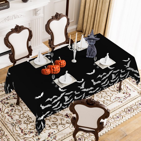 MIZHONA Halloween Tablecloth,Fly Bat in Black Table Cloth for Kitchen Dinner Decor,54"x72"