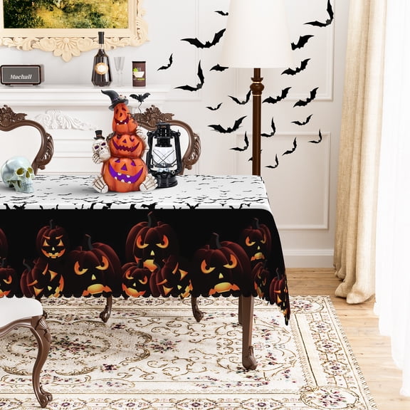 MIZHONA Halloween Tablecloth Rectangle,Evil Pumpkins Bat Table Cloth for Kitchen Dinner Decor,60"x84"