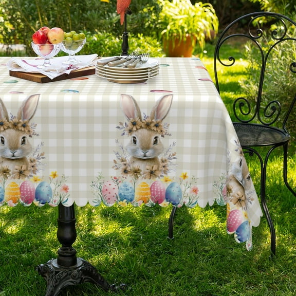 MIZHONA Happy Easter Rectangle Tablecloth Spring Easter Rabbits and Eggs Checkered Dining Table Cloth Decoration 60"x102"