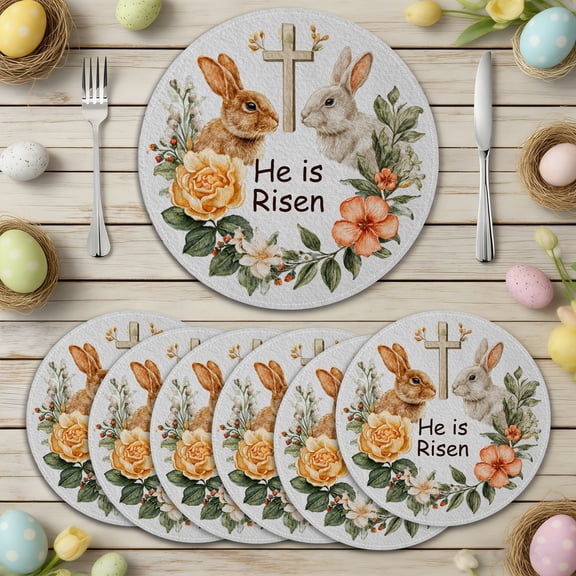 MIZHONA Happy Easter Round Placemats Set of 6,Spring Easter Funny Rabbit Vintage Floral Table Decor 14 inch
