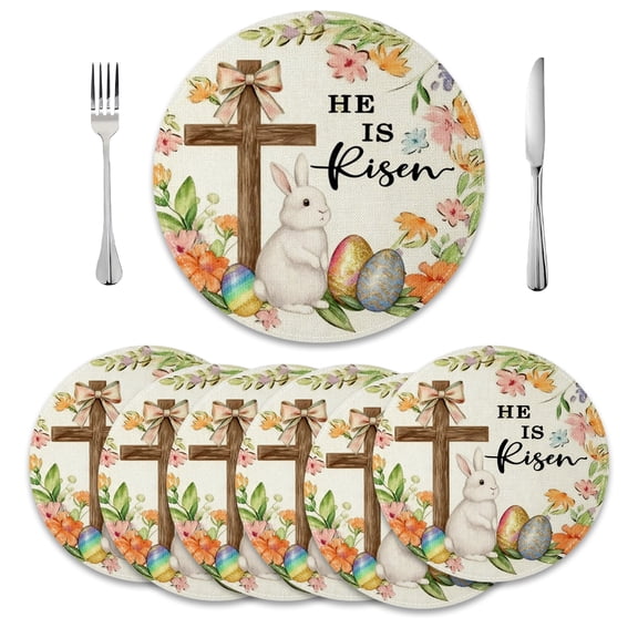MIZHONA Happy Easter Round Placemats Set of 6,Spring Easter Rabbits Eggs Floral Table Decor 14 inch