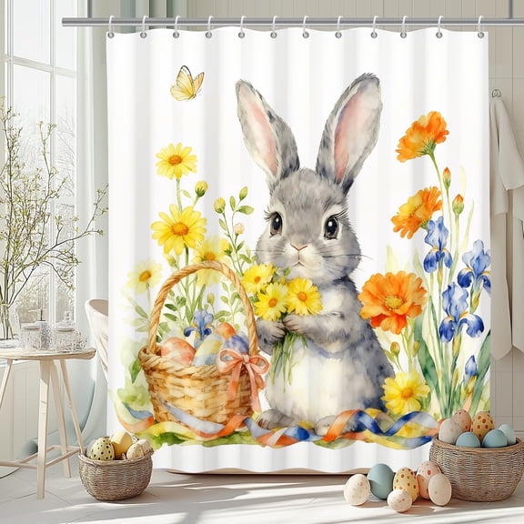 MIZHONA Happy Easter Shower Curtain Spring Bunny with Eggs Floral Fabric Bathroom Curtain 72x72 in