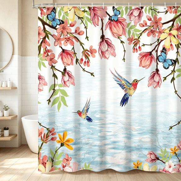 MIZHONA Pink Floral Birds Shower Curtain Spring Hummingbird with Flower Fabric Waterproof Bathroom Curtain 72"W x 72"L
