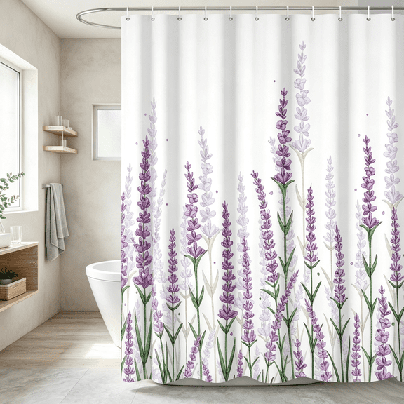MIZHONA Lavender Shower Curtain Purple Flowers and Spring Floral Fabric Bathroom Curtains Set 72"W x 72"L