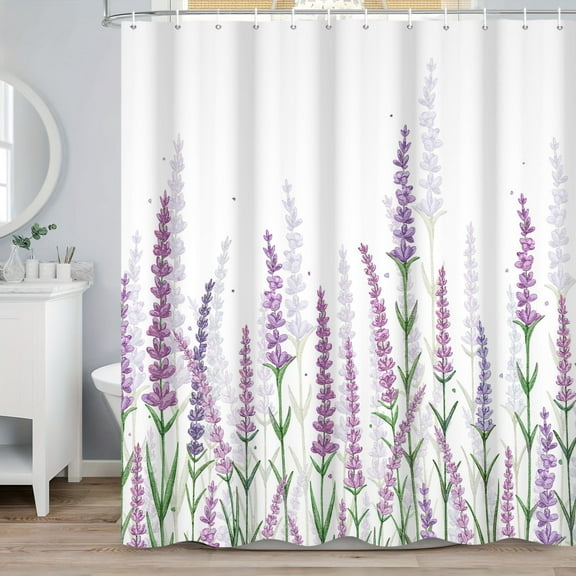 MIZHONA Spring Purple Lavender Shower Curtain Floral Sage Flower Fabric Bathroom Curtain Set 72"W x 72"L