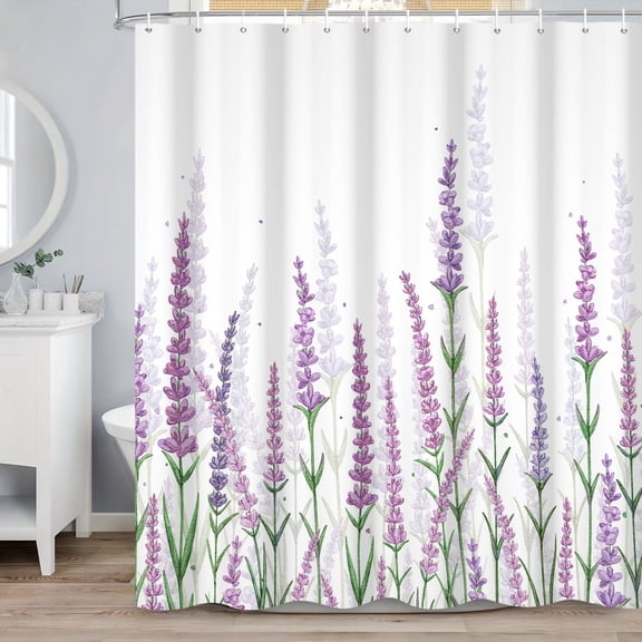 MIZHONA Lavender Shower Curtain Purple Flowers and Spring Floral Fabric Bathroom Curtains Set 72"W x 72"L