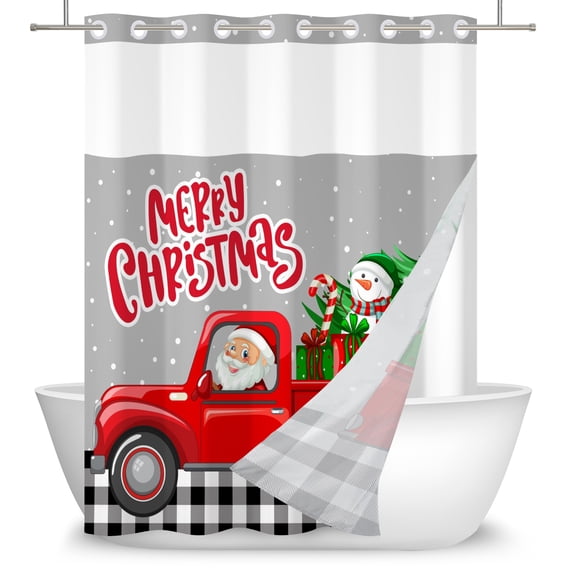 MIZHONA Merry Christmas No Hooks Shower Curtains with Snap in Liner Red Truck Snowman on Gray Fabric Bathroom Curtain,71"× 83"