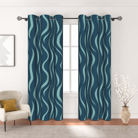 MIZHONA Navy Blue Blackout Curtains for Living Room Wave Stripes Window Curtain Set of 2,42"x84"