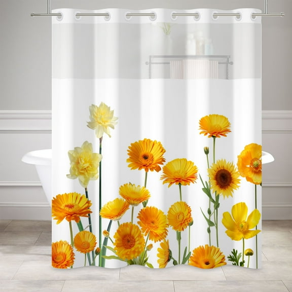 MIZHONA No Hook Rustic Shower Curtain with Snap in Liner,Sunflower Bathroom Curtain,71"× 74"