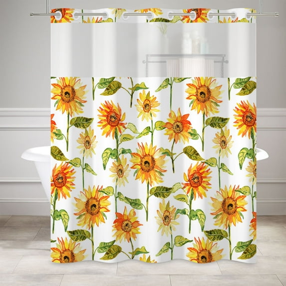 MIZHONA No Hook Shower Curtain with Snap in Liner,Orange Sunflower Fabric Bathroom Curtain,71"× 86"