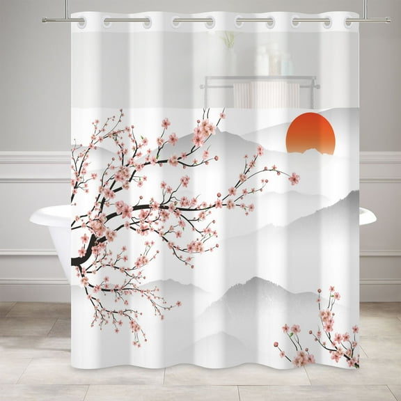 MIZHONA No Hook Shower Curtain with Snap in Liner,Pink Cherry Blossom Bathroom Curtain,71"× 86"
