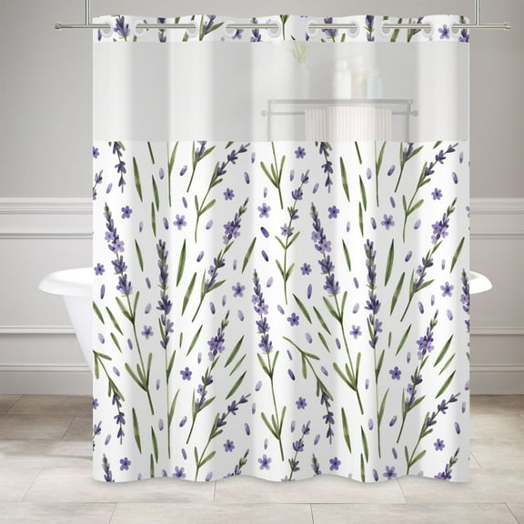 MIZHONA No Hook Shower Curtain with Snap in Liner,Purple Lavender Fabric Bathroom Curtain,71"× 74"
