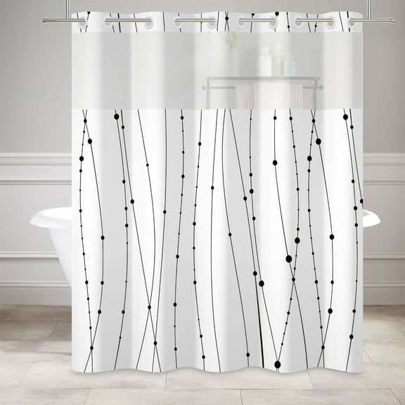 MIZHONA No Hook Shower Curtains with Snap in Liner Black and White Striped Fabric Bathroom Curtain,71"× 74"