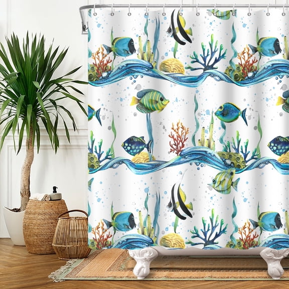 MIZHONA Ocean Fish Shower Curtain Coastal Beach Theme Fabric Bathroom Curtain 72x72 in