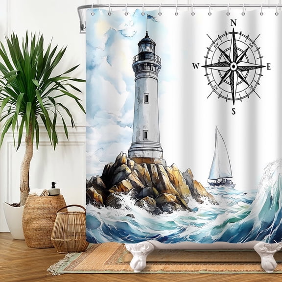 MIZHONA Ocean Lighthouse Shower Curtain Nautical Coastal Beach Theme Fabric Bathroom Curtain 72x72 in