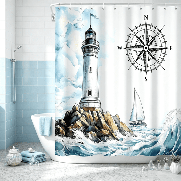 MIZHONA Ocean Lighthouse Shower Curtain Nautical Seashore Coastal Theme Fabric Bathroom Curtain 72x72 in