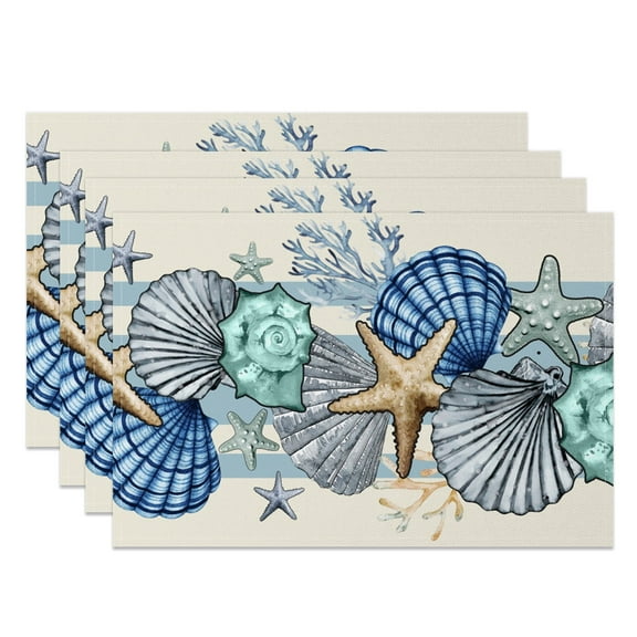 MIZHONA Ocean Seashell Placemats Set of 4,Coastal Coral Linen Table Mats for Table Decorations 12x18 in