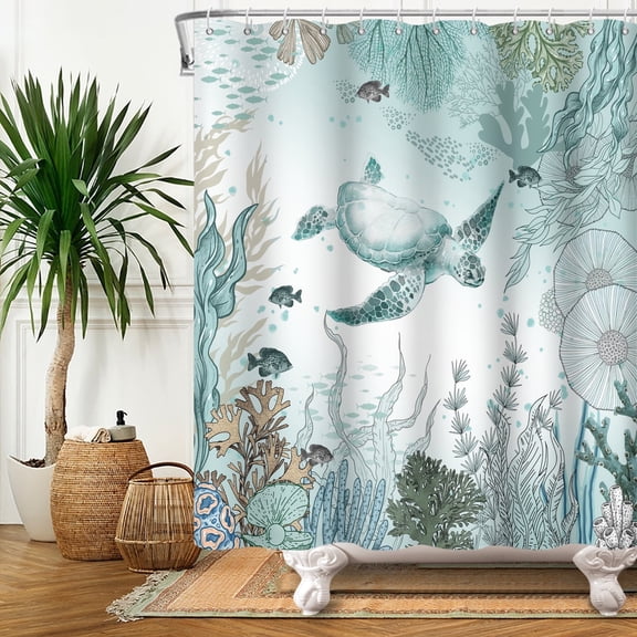 MIZHONA Ocean Turtle Shower Curtain Coastal Nautical Beach Theme Fabric Bathroom Curtain 72x72 in